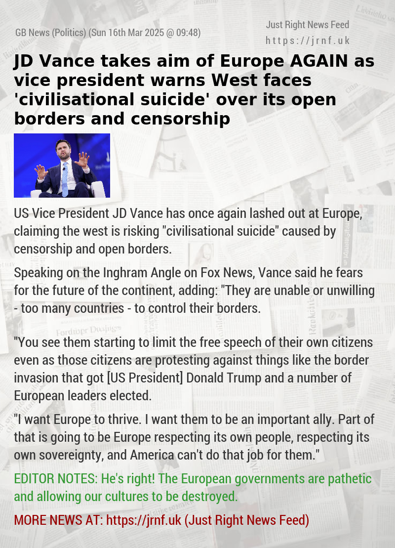 JD Vance takes aim of Europe AGAIN as vice president warns West faces ’civilisational suicide’ over its open borders and censorship
