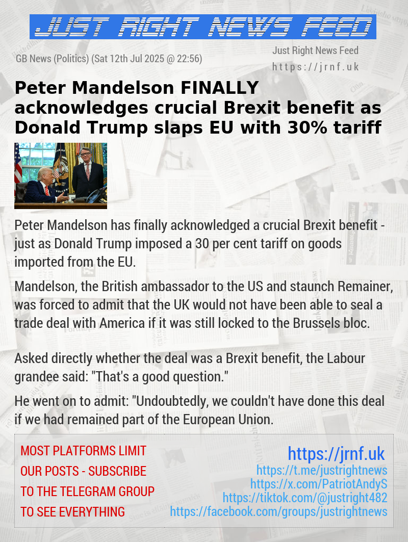 Peter Mandelson FINALLY acknowledges crucial Brexit benefit as Donald Trump slaps EU with 30% tariff