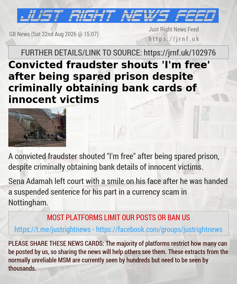 Convicted fraudster shouts ’I’m free’ after being spared prison despite criminally obtaining bank cards of innocent victims