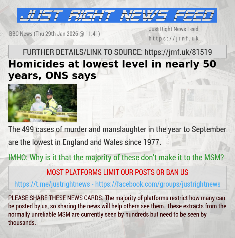 Homicides at lowest level in nearly 50 years, ONS says