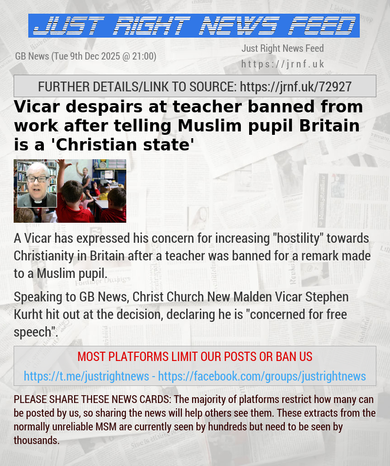 Vicar despairs at teacher banned from work after telling Muslim pupil Britain is a ’Christian state’