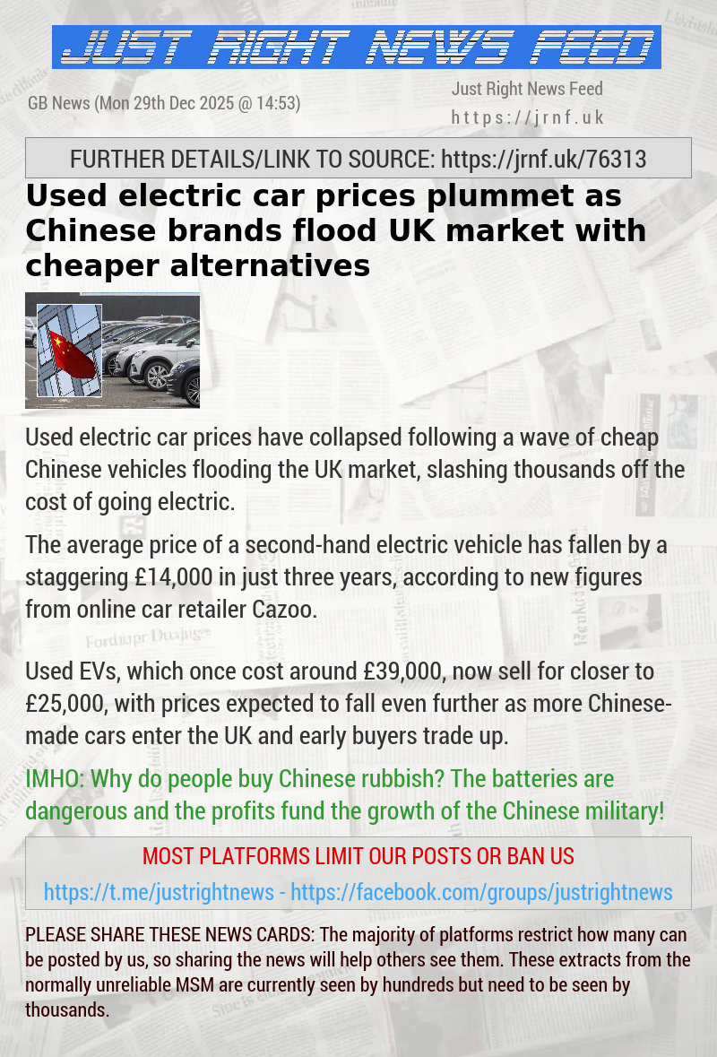Used electric car prices plummet as Chinese brands flood UK market with cheaper alternatives