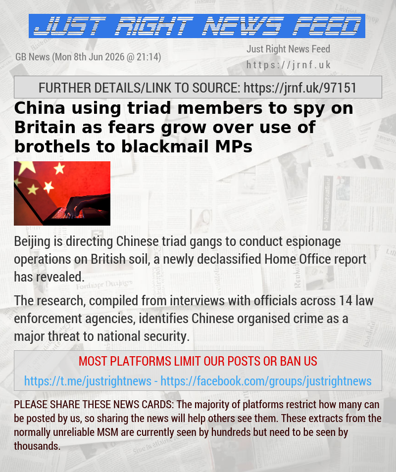 China using triad members to spy on Britain as fears grow over use of brothels to blackmail MPs