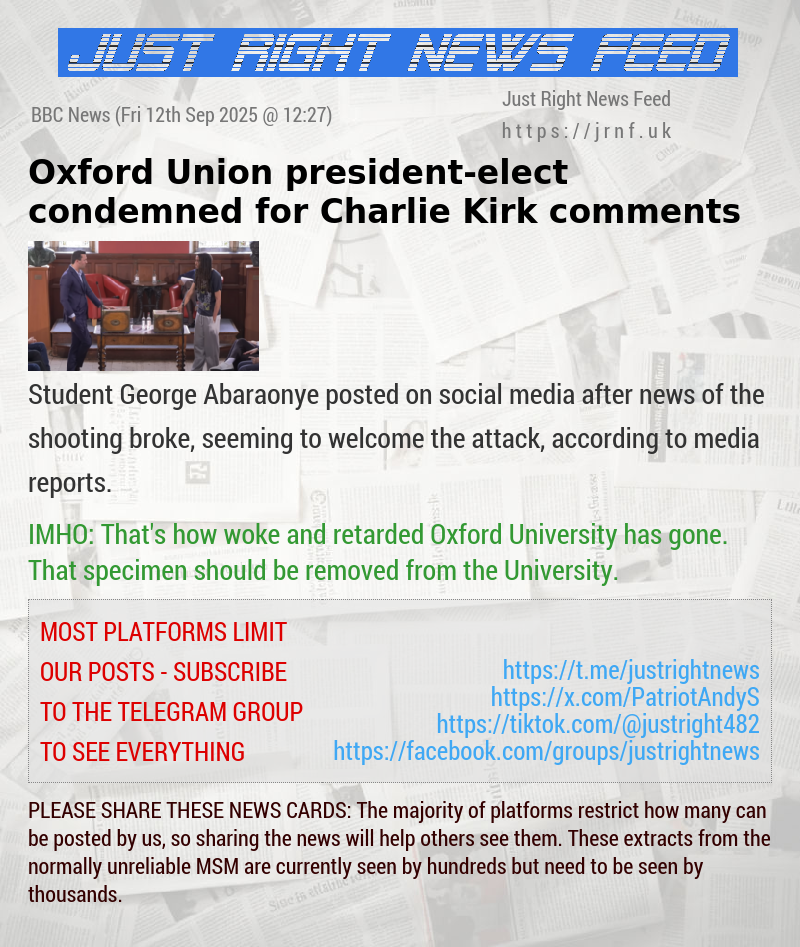 Oxford Union president—elect condemned for Charlie Kirk comments