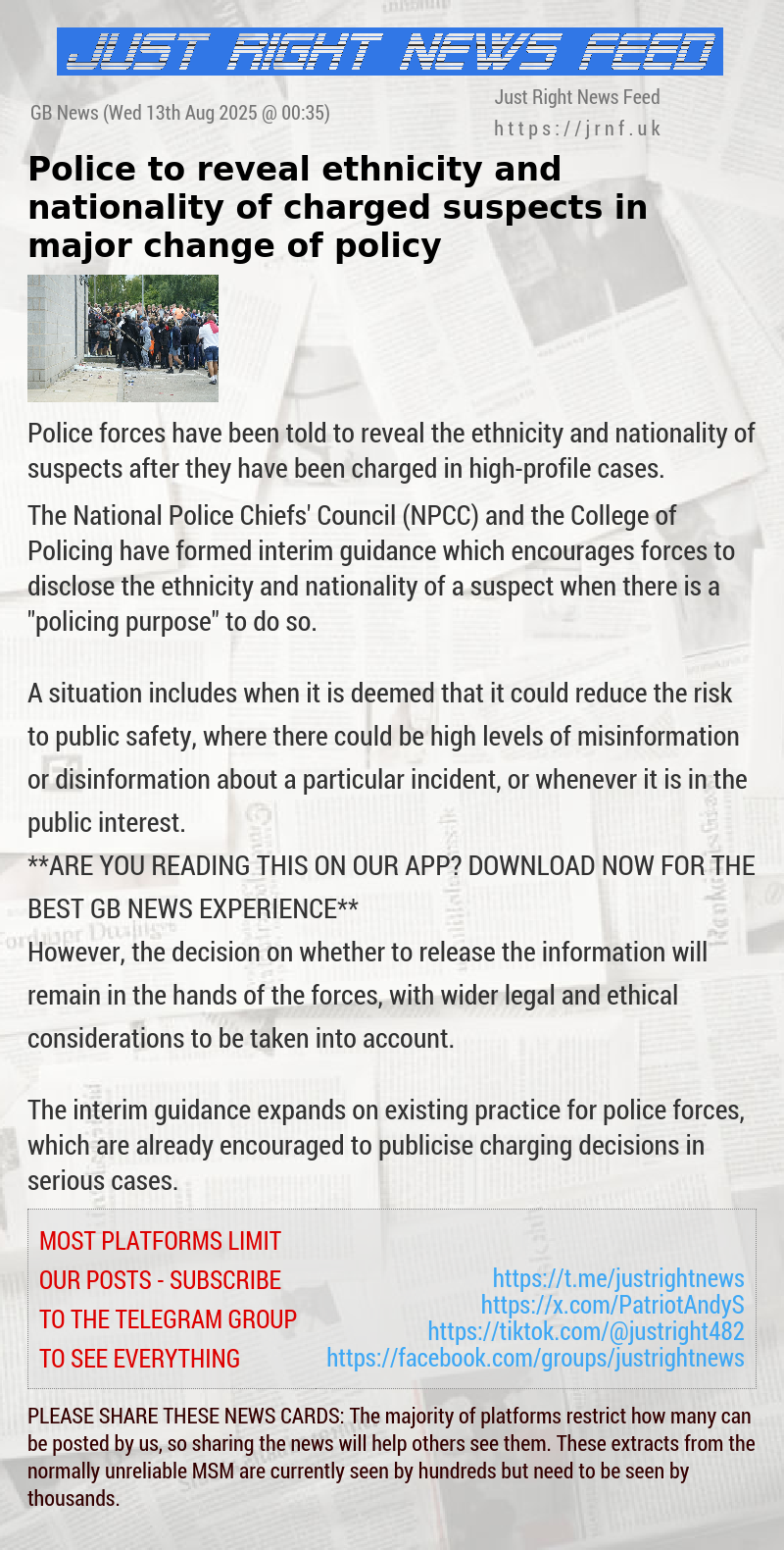 Police to reveal ethnicity and nationality of charged suspects in major change of policy