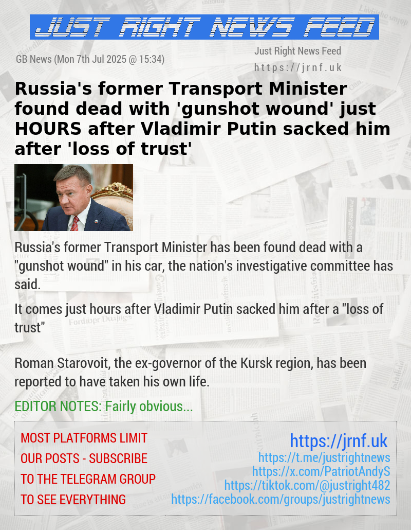 Russia’s former Transport Minister found dead with ’gunshot wound’ just HOURS after Vladimir Putin sacked him after ’loss of trust’