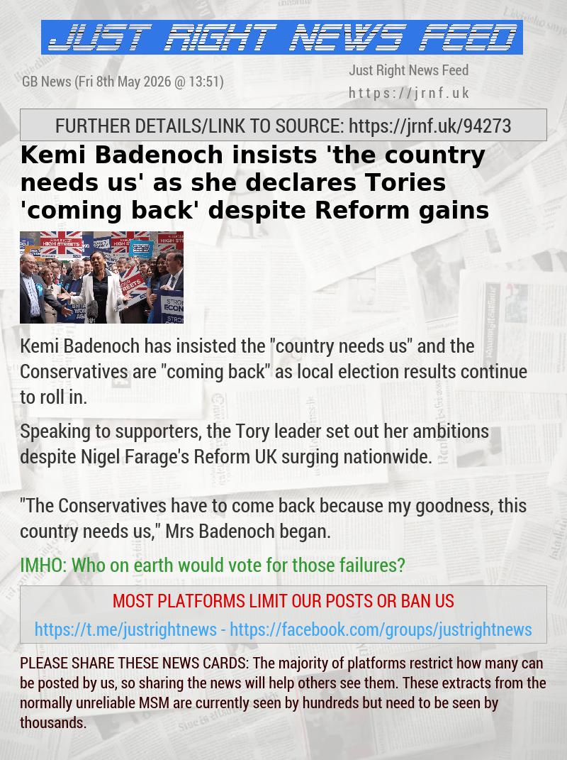 Kemi Badenoch insists ‘the country needs us’ as she declares Tories ‘coming back’ despite Reform gains