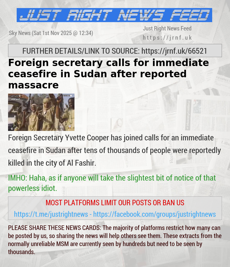 Foreign secretary calls for immediate ceasefire in Sudan after reported massacre