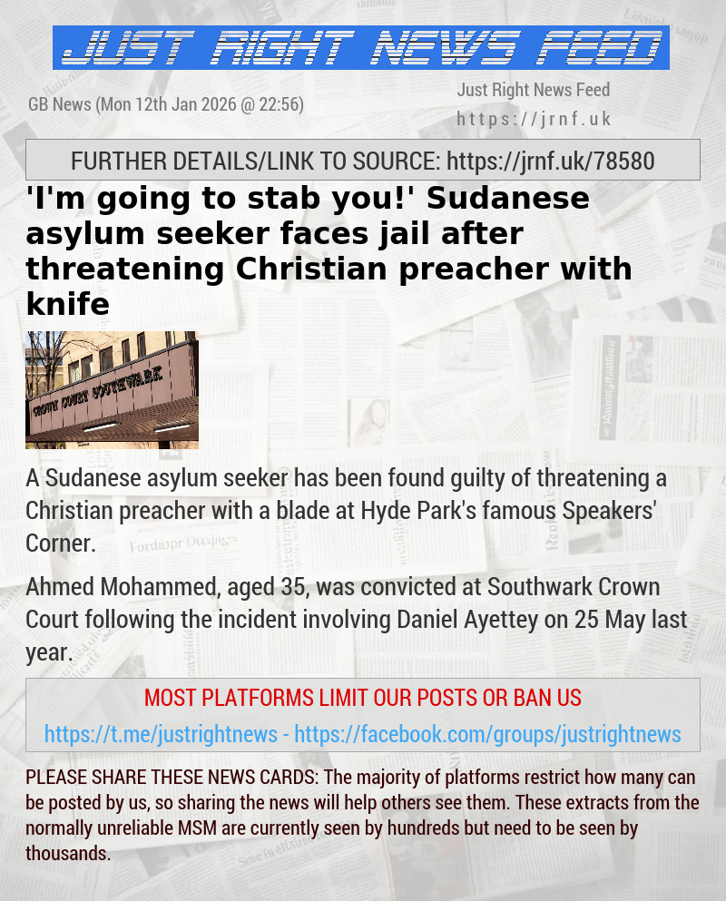 ’I’m going to stab you!’ Sudanese asylum seeker faces jail after threatening Christian preacher with knife
