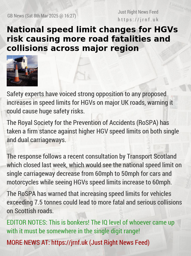 National speed limit changes for HGVs risk causing more road fatalities and collisions across major region