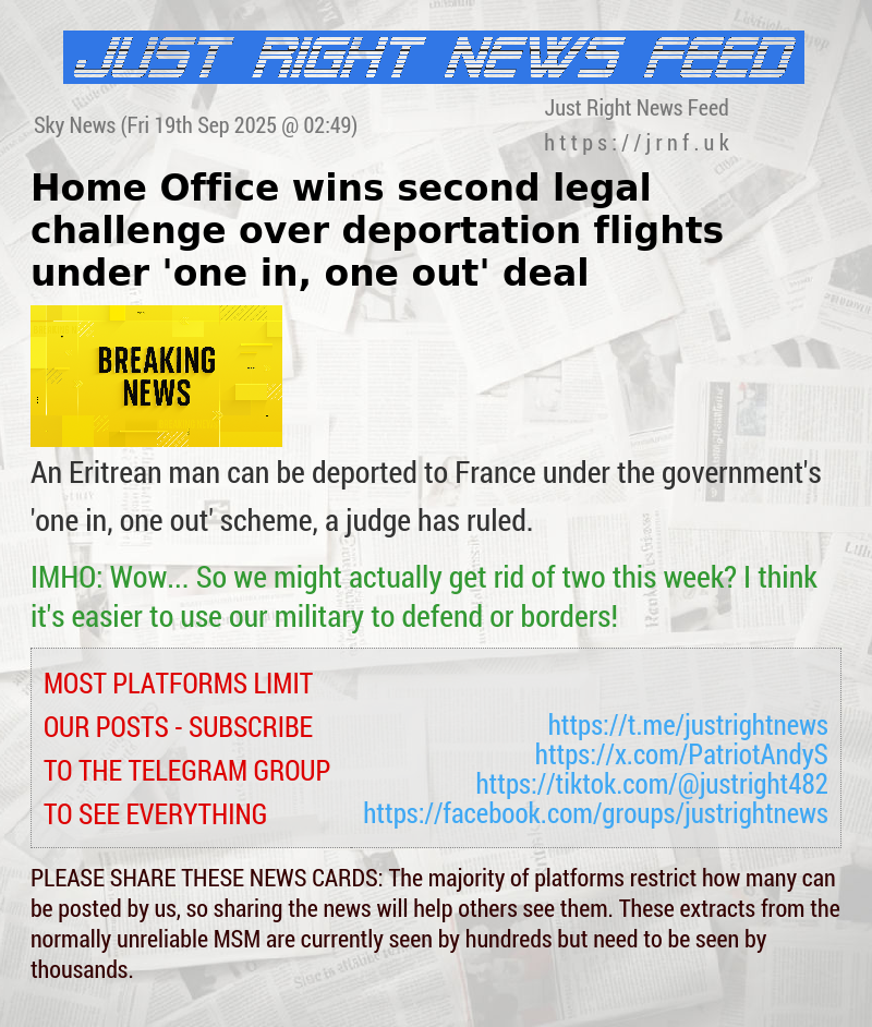 Home Office wins second legal challenge over deportation flights under ’one in, one out’ deal