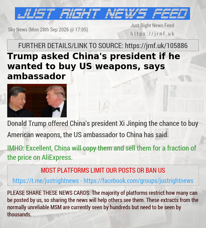 Trump asked China’s president if he wanted to buy US weapons, says ambassador
