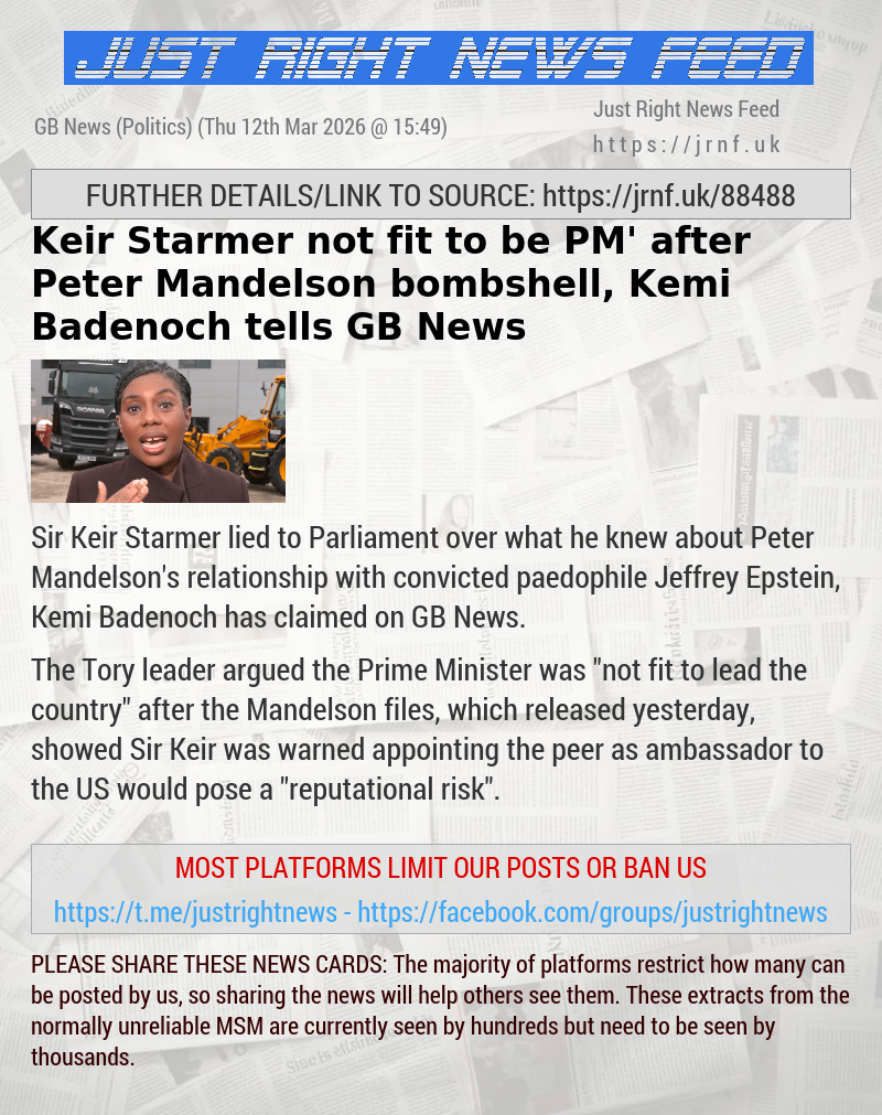 Keir Starmer ‘not fit to be PM’ after Peter Mandelson bombshell, Kemi Badenoch tells GB News