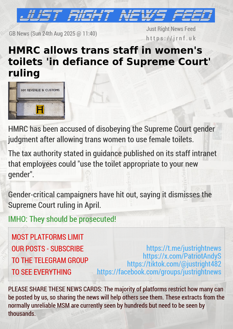 HMRC allows trans staff in women’s toilets ’in defiance of Supreme Court’ ruling