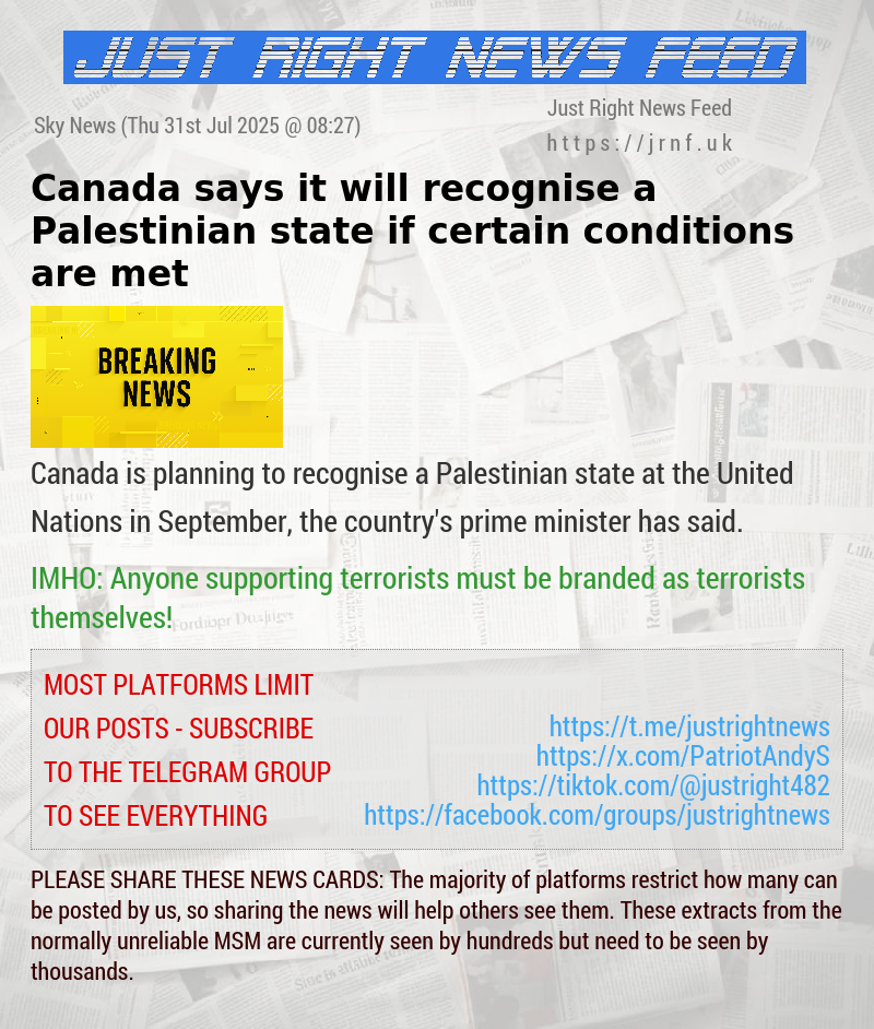 Canada says it will recognise a Palestinian state if certain conditions are met