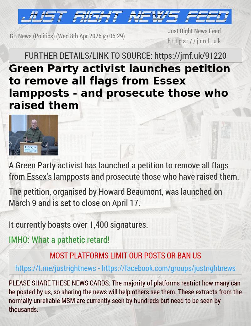 Green Party activist launches petition to remove all flags from Essex lampposts — and prosecute those who raised them