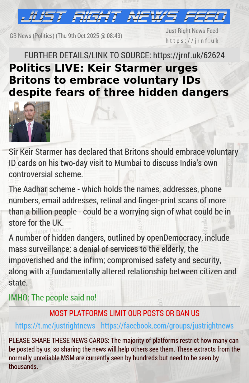 Politics LIVE: Keir Starmer urges Britons to embrace voluntary IDs despite fears of three hidden dangers