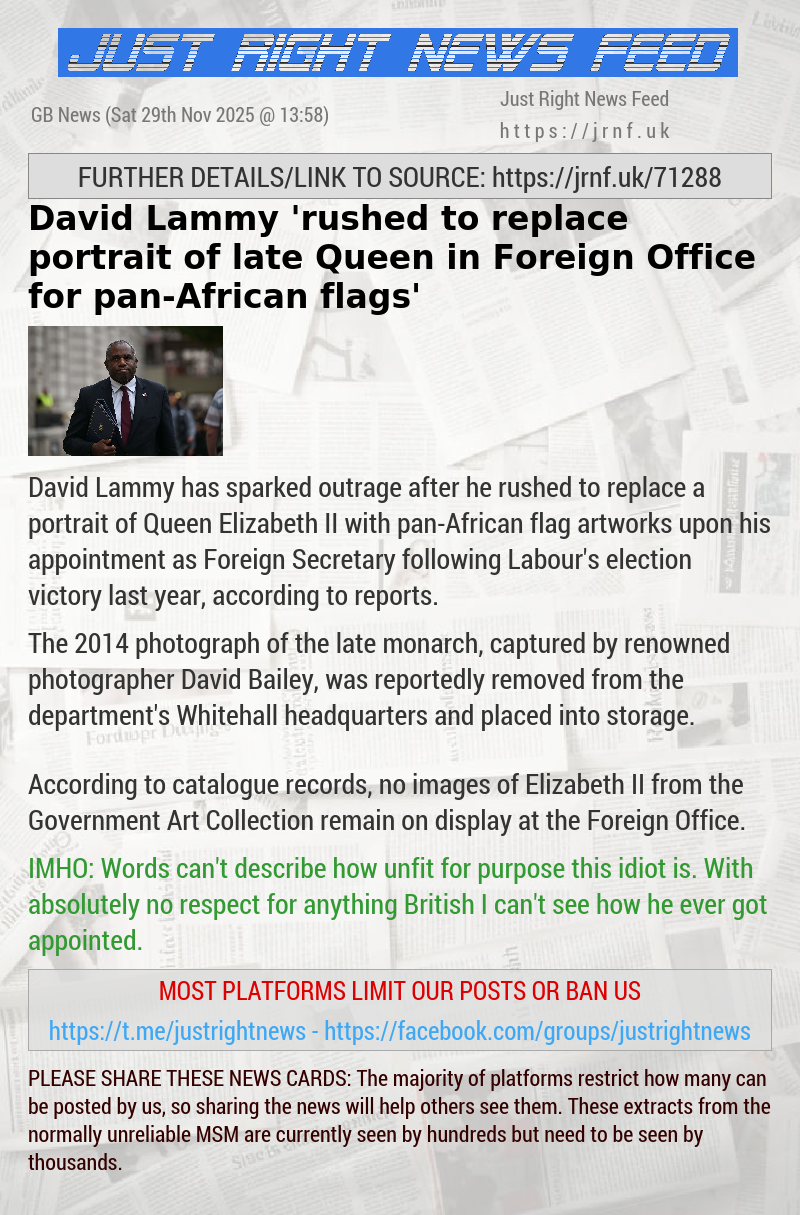 David Lammy ’rushed to replace portrait of late Queen in Foreign Office for pan—African flags’