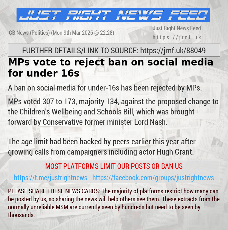MPs vote to reject ban on social media for under—16s