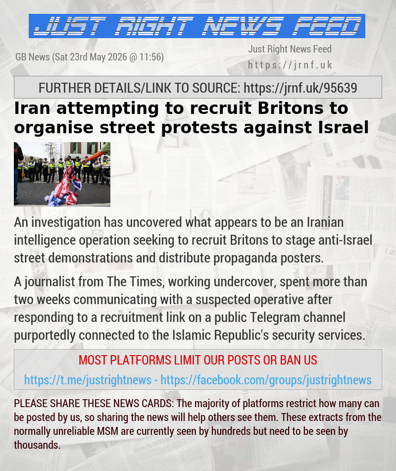 Iran attempting to recruit Britons to organise street protests against Israel