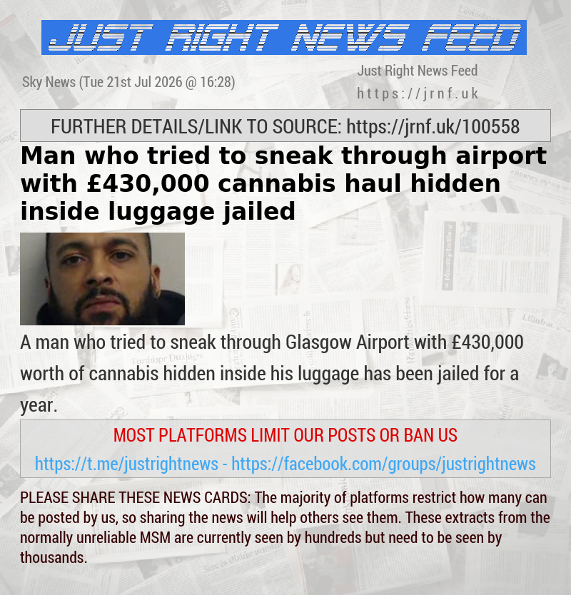 Man who tried to sneak through airport with &pound;430,000 cannabis haul hidden inside luggage jailed