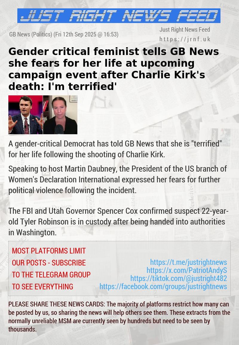 Gender—critical feminist tells GB News she fears for her life at upcoming campaign event after Charlie Kirk’s death: ‘I’m terrified’