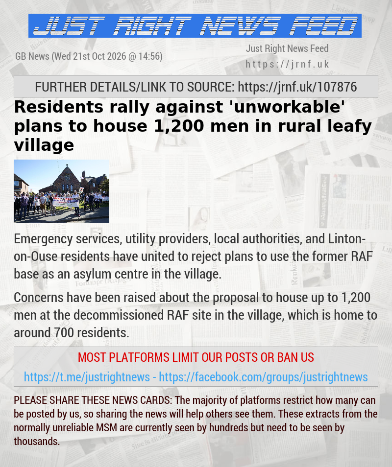 Residents rally against ’unworkable’ plans to house 1,200 men in rural leafy village