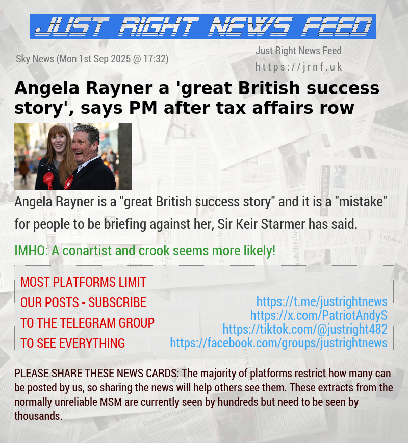 Angela Rayner a ’great British success story’, says PM after tax affairs row