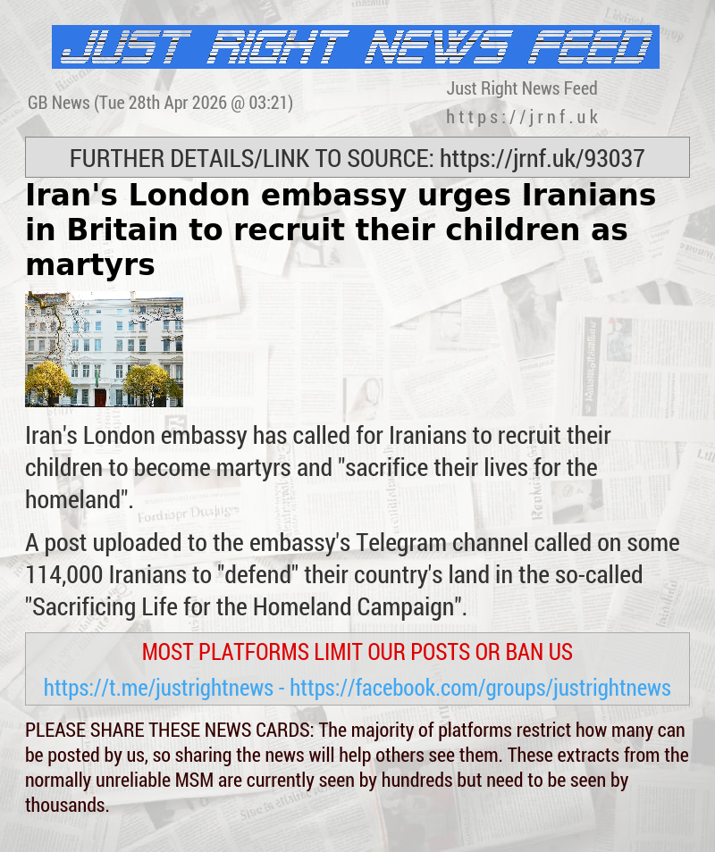 Iran’s London embassy urges Iranians in Britain to recruit their children as martyrs