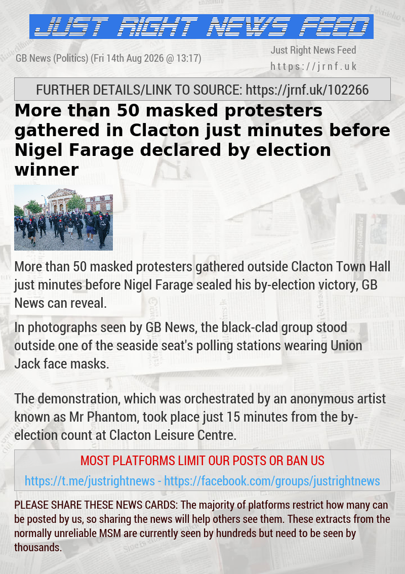 More than 50 masked protesters gathered in Clacton just minutes before Nigel Farage declared by—election winner