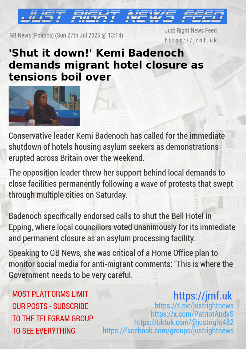 ’Shut it down!’ Kemi Badenoch demands migrant hotel closure as tensions boil over