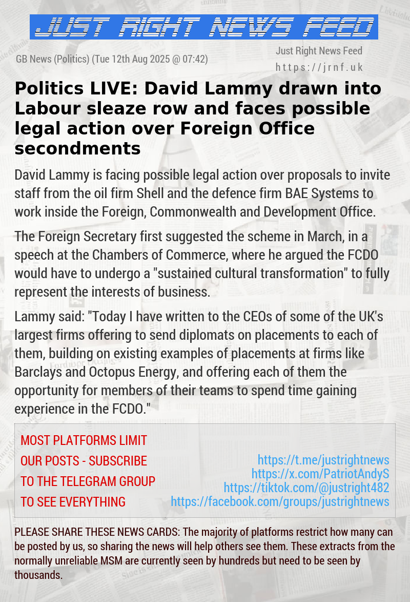 Politics LIVE: David Lammy drawn into Labour sleaze row and faces possible legal action over Foreign Office secondments