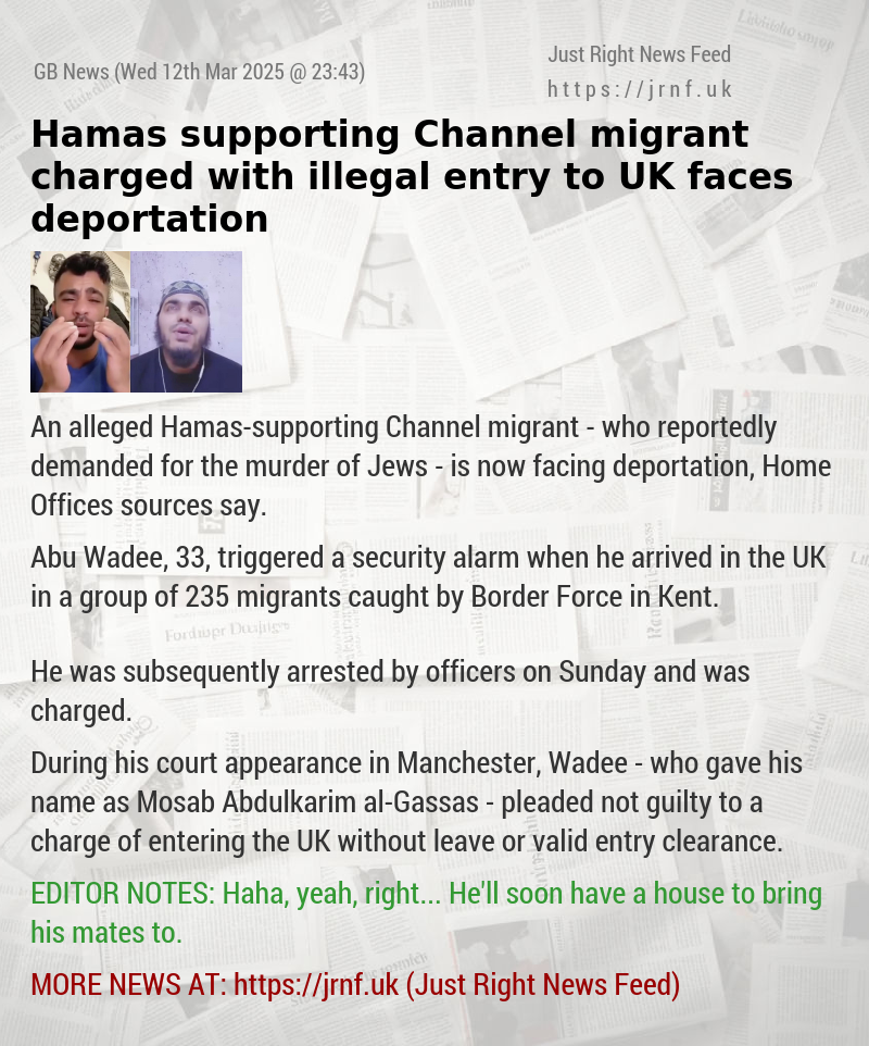 Hamas—supporting Channel migrant charged with illegal entry to UK faces deportation