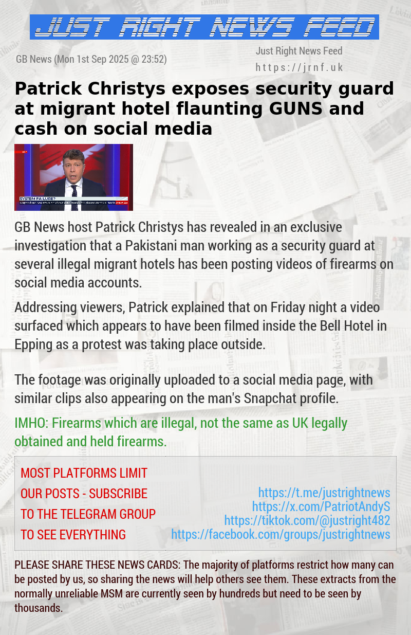 Patrick Christys exposes security guard at migrant hotel flaunting GUNS and cash on social media