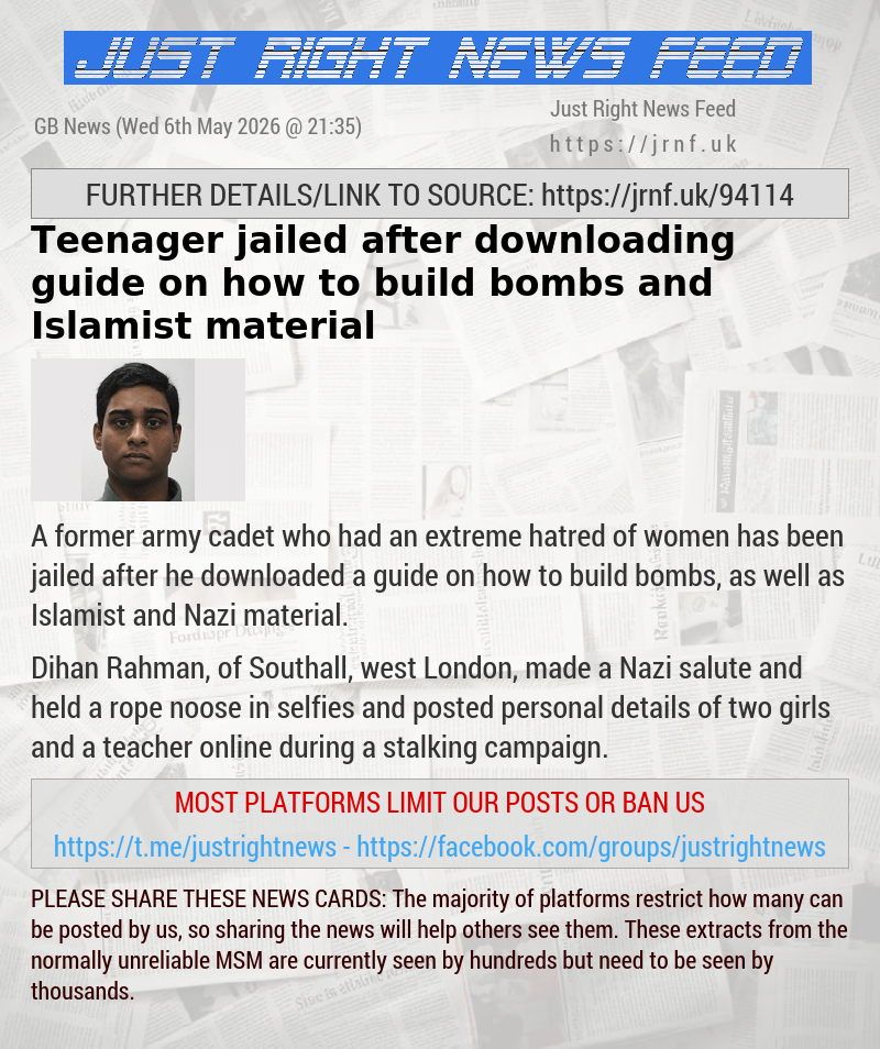 Teenager jailed after downloading guide on how to build bombs and Islamist material