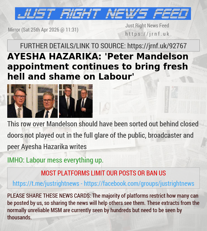 AYESHA HAZARIKA: ’Peter Mandelson appointment continues to bring fresh hell and shame on Labour’
