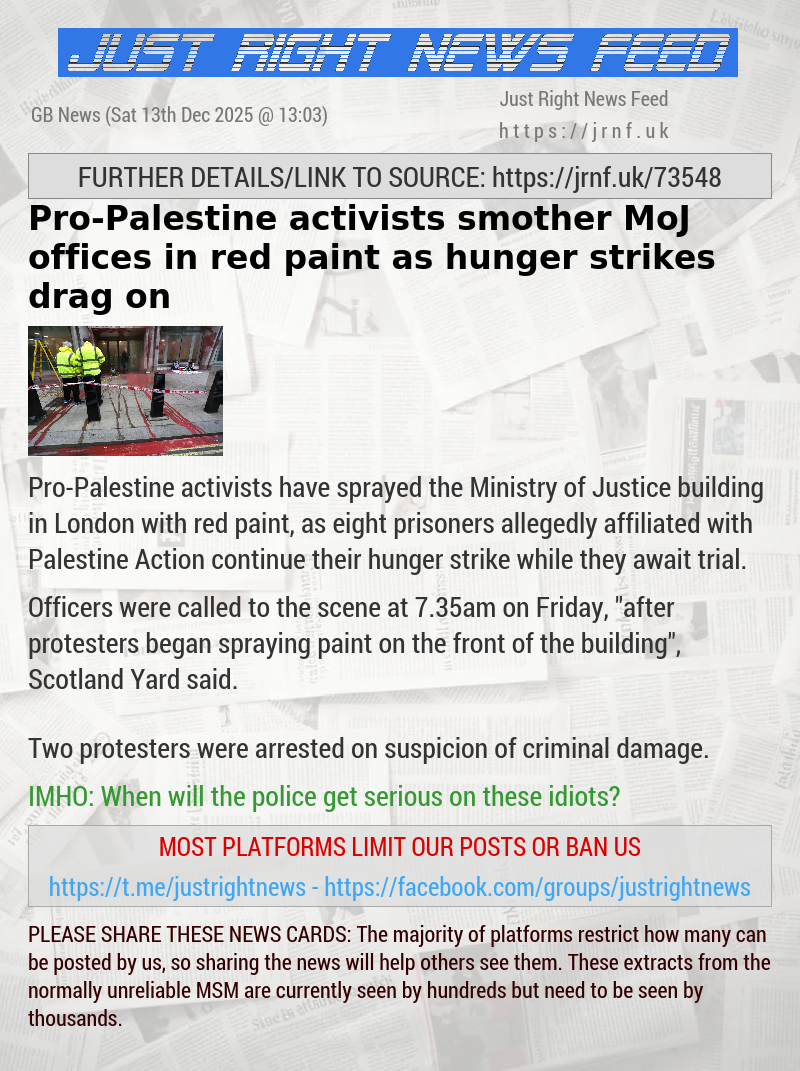 Pro—Palestine activists smother MoJ offices in red paint as hunger strikes drag on