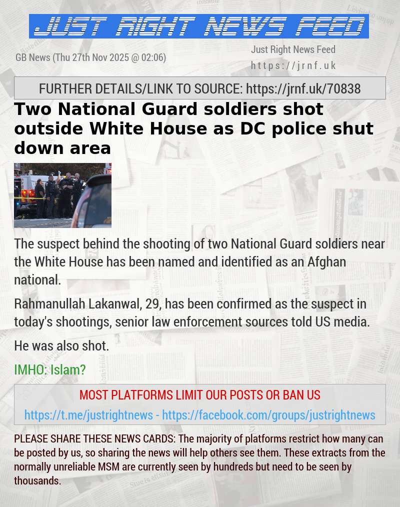 Two National Guard soldiers shot outside White House as DC police shut down area