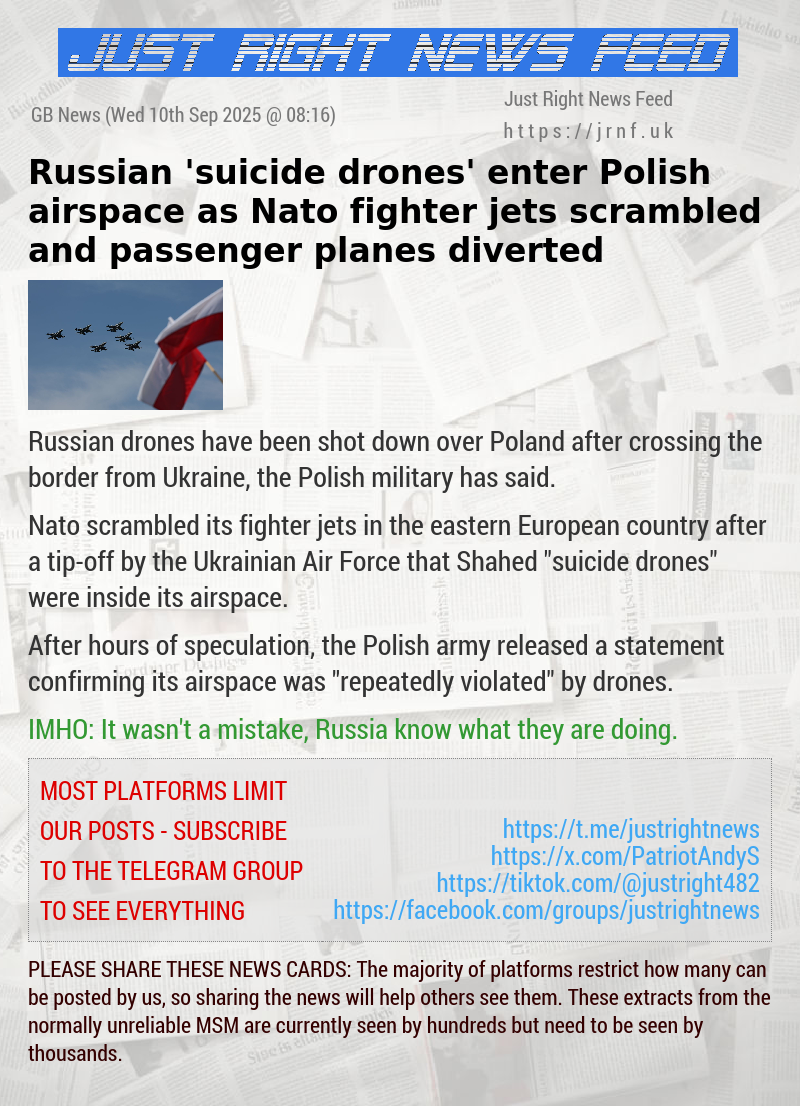 Russian ’suicide drones’ enter Polish airspace as Nato fighter jets scrambled and passenger planes diverted