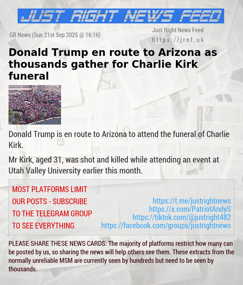 Donald Trump en route to Arizona as thousands gather for Charlie Kirk funeral