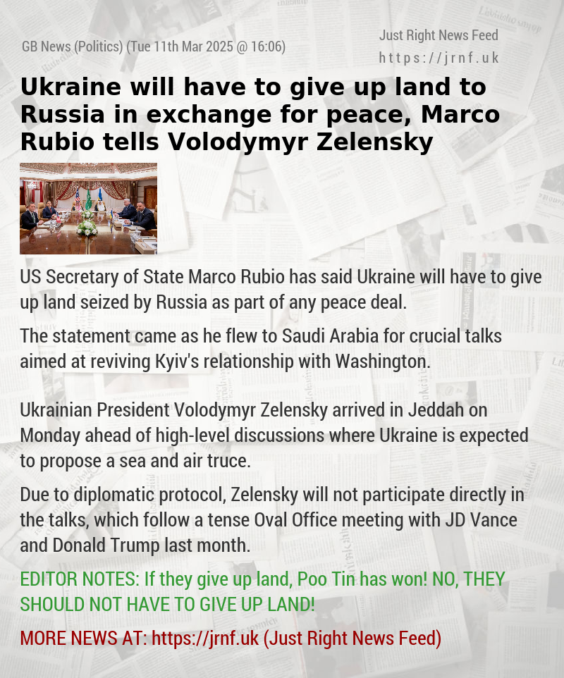 Ukraine will have to give up land to Russia in exchange for peace, Marco Rubio tells Volodymyr Zelensky