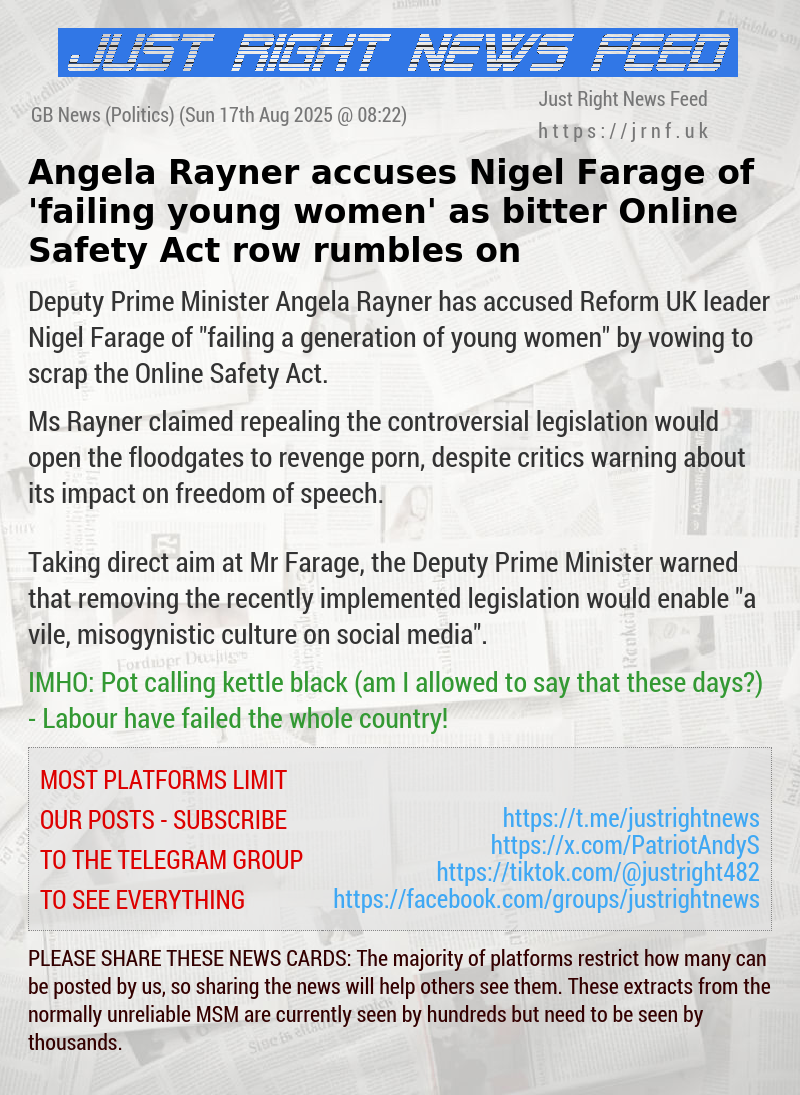 Angela Rayner accuses Nigel Farage of ’failing young women’ as bitter Online Safety Act row rumbles on