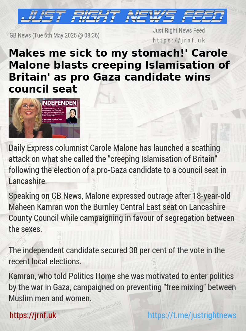 ‘Makes me sick to my stomach!’ Carole Malone blasts ‘creeping Islamisation of Britain’ as pro—Gaza candidate wins council seat