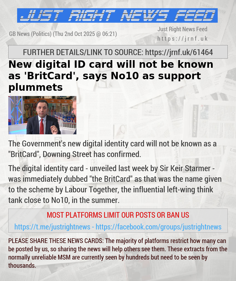 New digital ID card will not be known as ’BritCard’, says No10 as support plummets