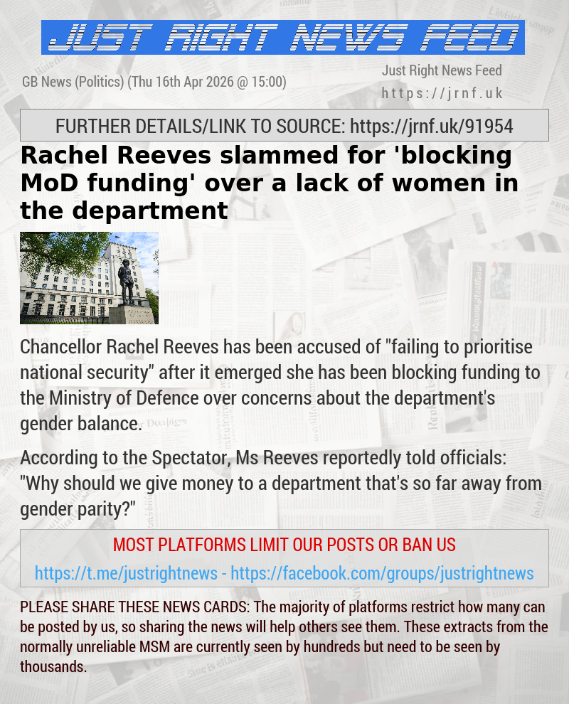 Rachel Reeves slammed for ’blocking MoD funding’ over a lack of women in the department
