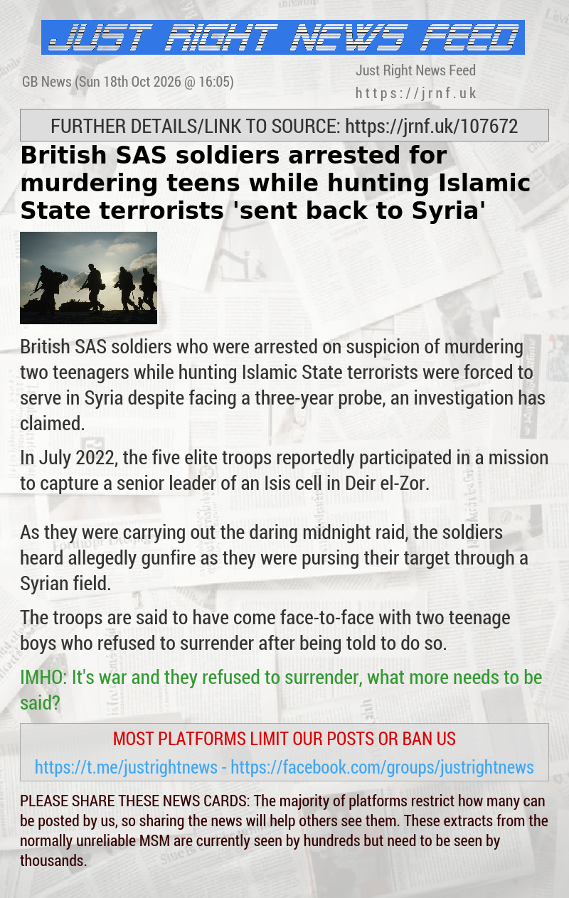 British SAS soldiers arrested for murdering teens while hunting Islamic State terrorists ’sent back to Syria’
