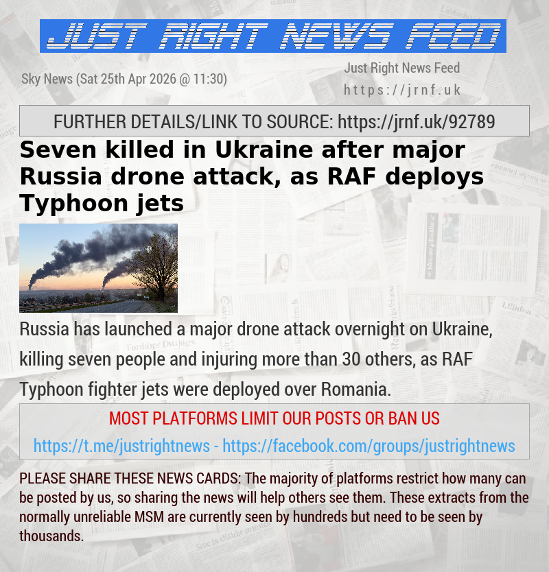 Seven killed in Ukraine after major Russia drone attack, as RAF deploys Typhoon jets