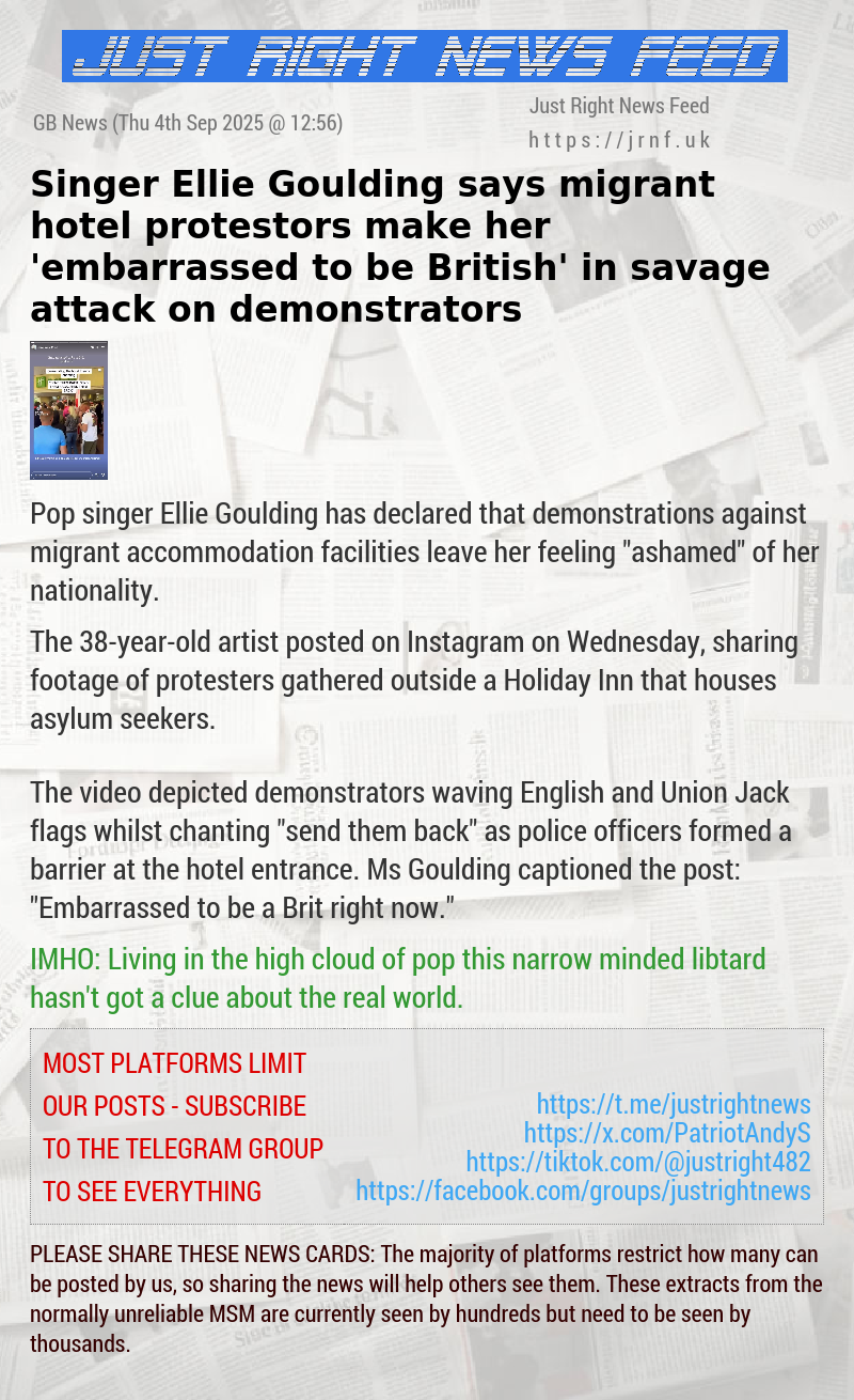 Singer Ellie Goulding says migrant hotel protestors make her ’embarrassed to be British’ in savage attack on demonstrators