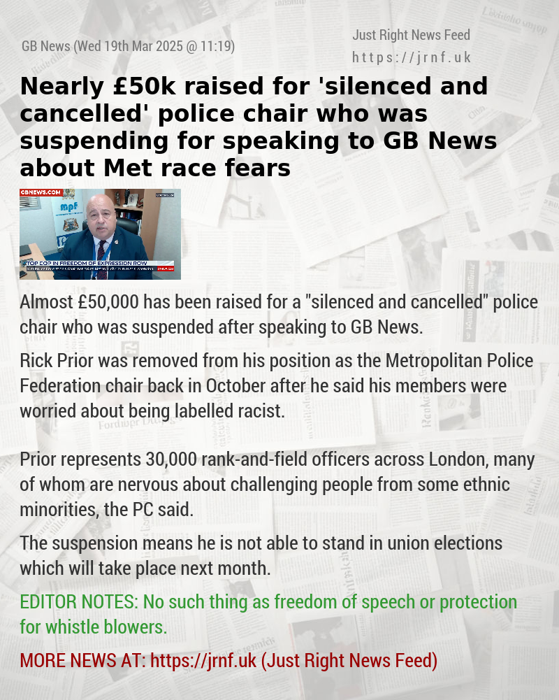 Nearly £50k raised for ’silenced and cancelled’ police chair who was suspending for speaking to GB News about Met race fears
