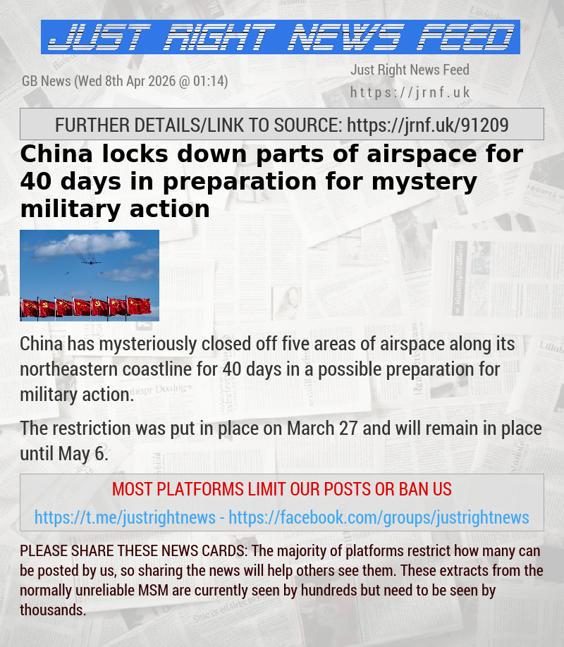 China locks down parts of airspace for 40 days in preparation for mystery military action
